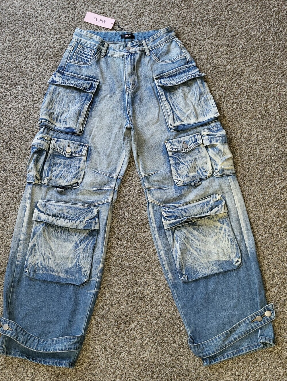 NWT Womens MICAS High-rise Wide Leg Mult-Pocket Cargo Barrel Denim Jeans sz M